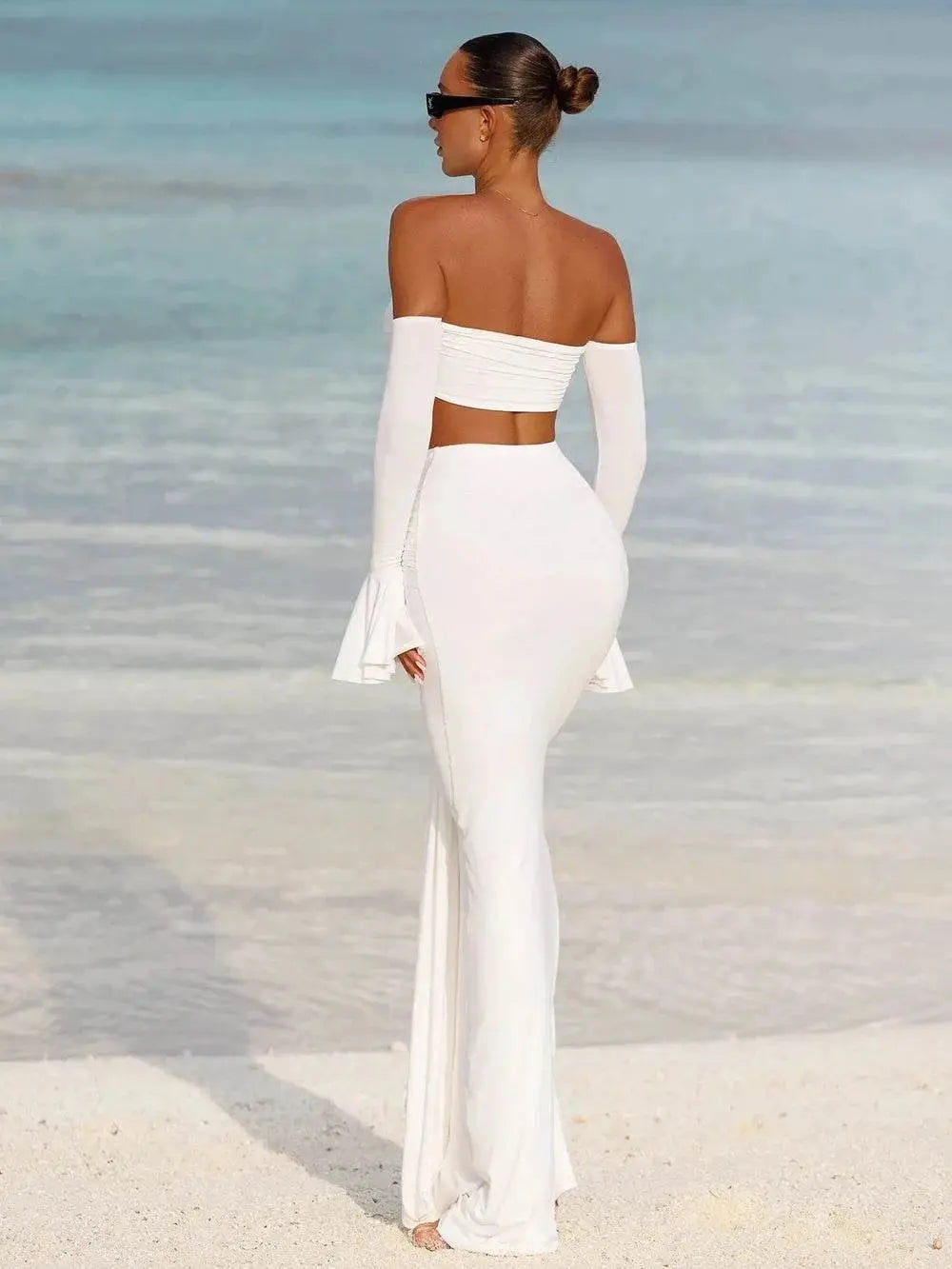 Conjunto Branco de Crop Top Manga Flare e Saia Longa Party Niquice