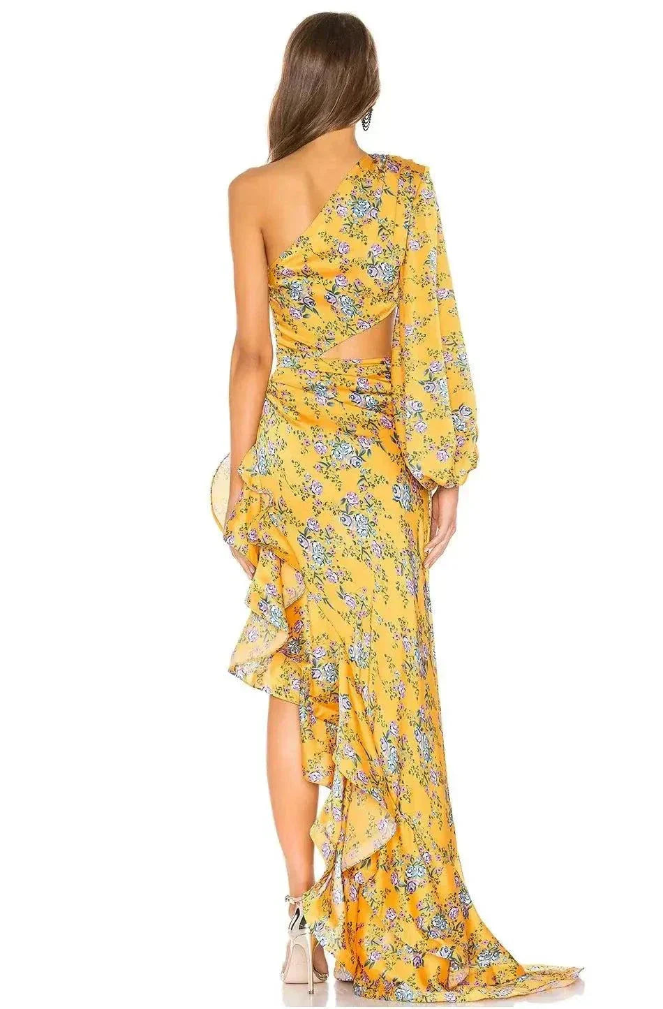 Vestido estampado de um ombro só com babados elegantes e design assimétrico para eventos formais