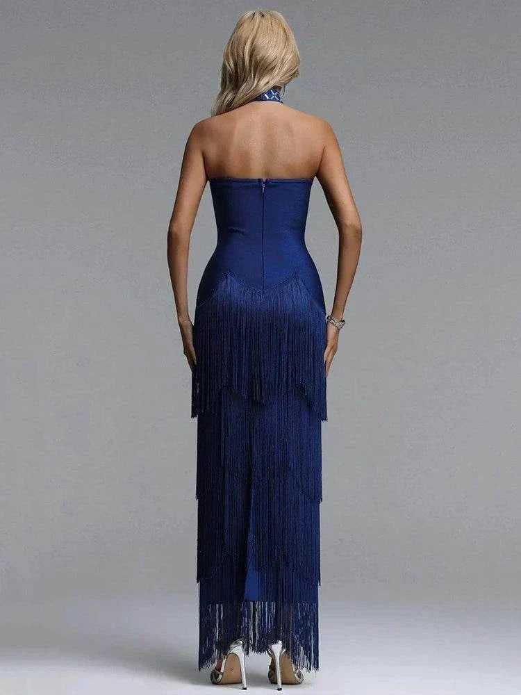 Vestido bandage longo sem alças com cristais e franjas para festa elegante feminina