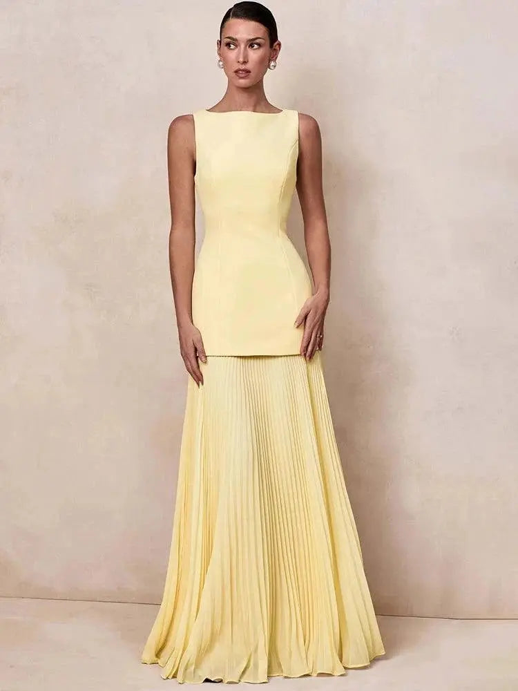 Vestido de Festa Longo Duas Peças Justo Plissado Decote Canoa Niquice