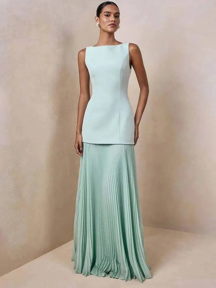 Vestido de Festa Longo Duas Peças Justo Plissado Decote Canoa Niquice