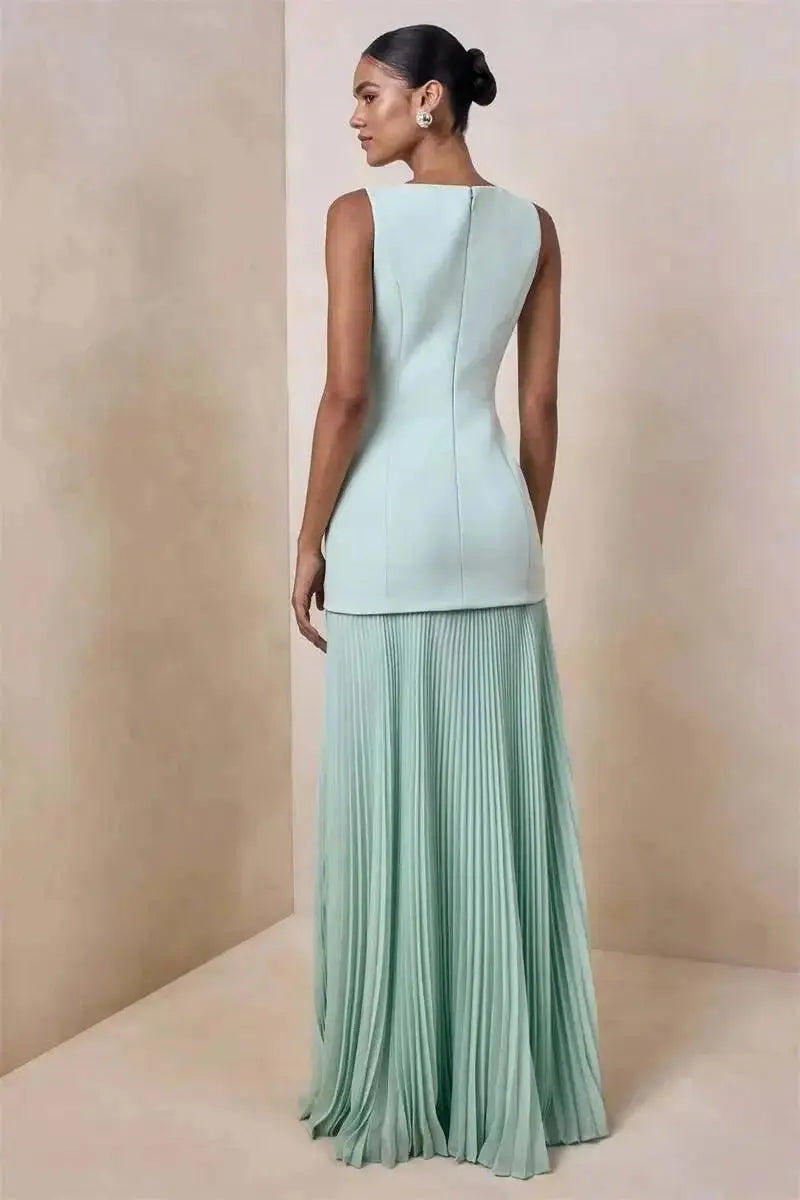 Vestido de Festa Longo Duas Peças Justo Plissado Decote Canoa Niquice