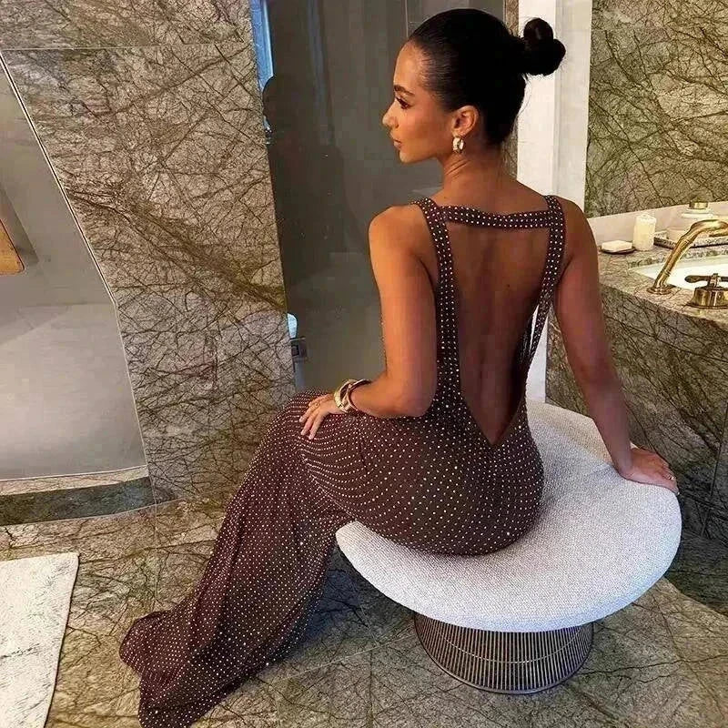 Vestido maxi senhora longo com decote em V profundo e costas abertas, estilo bodycon sereia para festa formal
