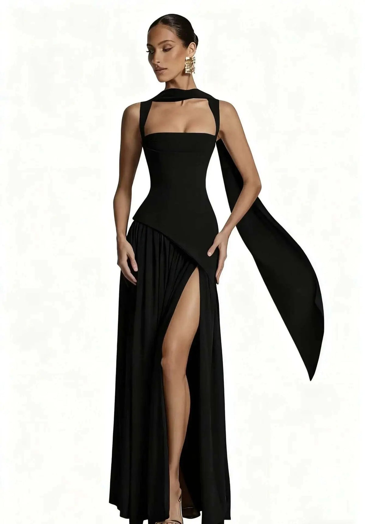 Vestido Longo de Festa com Corset Estruturado, Fenda e Alças em Laço Niquice