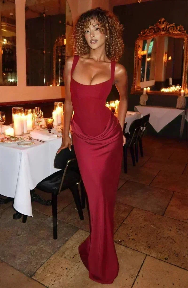 Vestido maxi elegante, costas descobertas, colar quadrado, sem mangas, ajustado e franzido para festas e clubes