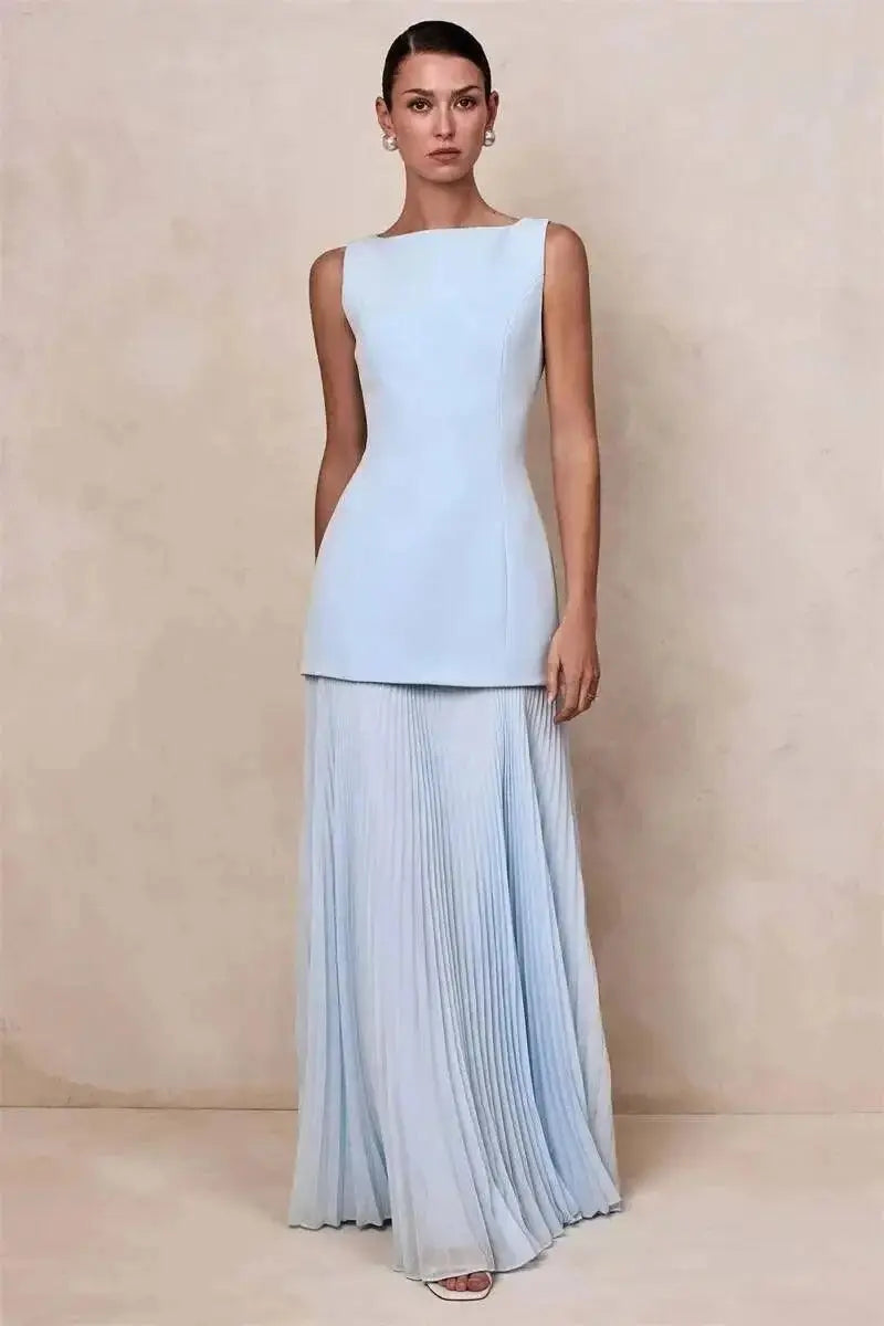 Vestido de Festa Longo Duas Peças Justo Plissado Decote Canoa Niquice