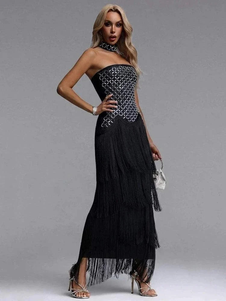 Vestido bandage feminino sem mangas com cristais e franjas para festa elegante
