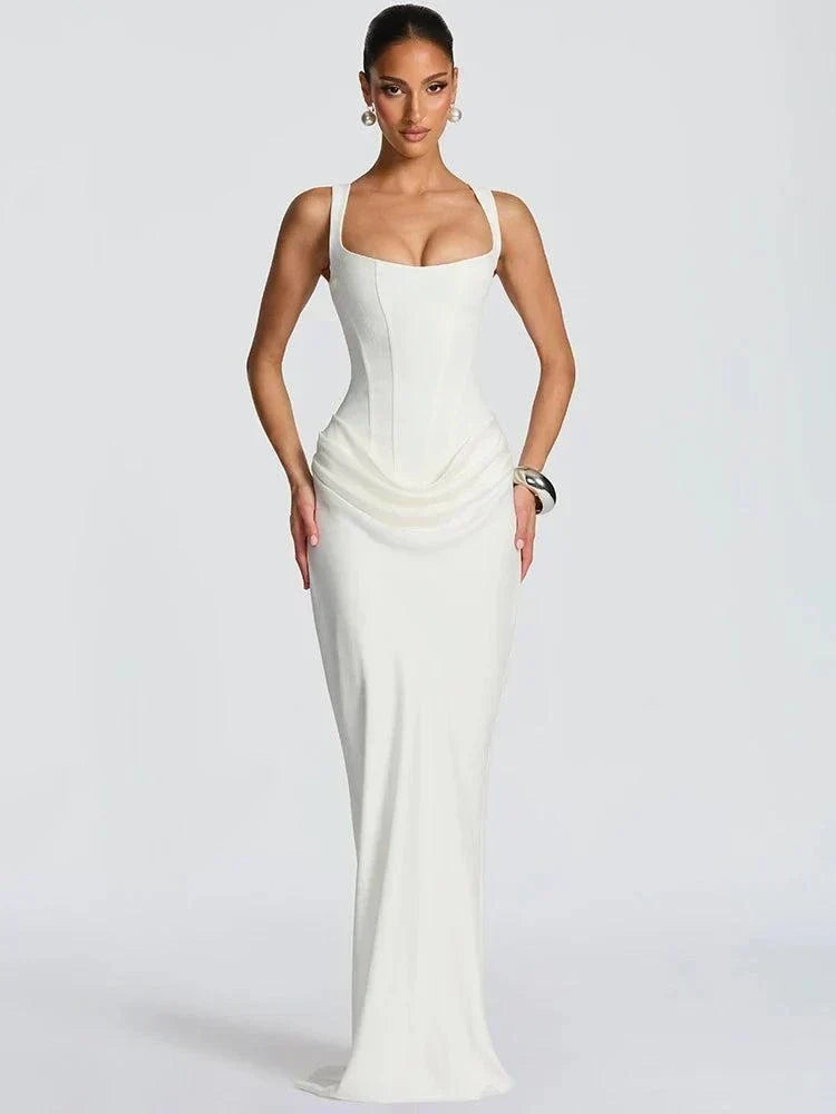 Vestido maxi elegante sem costas para mulher, com gola quadrada e design justo, ideal para festa e clube