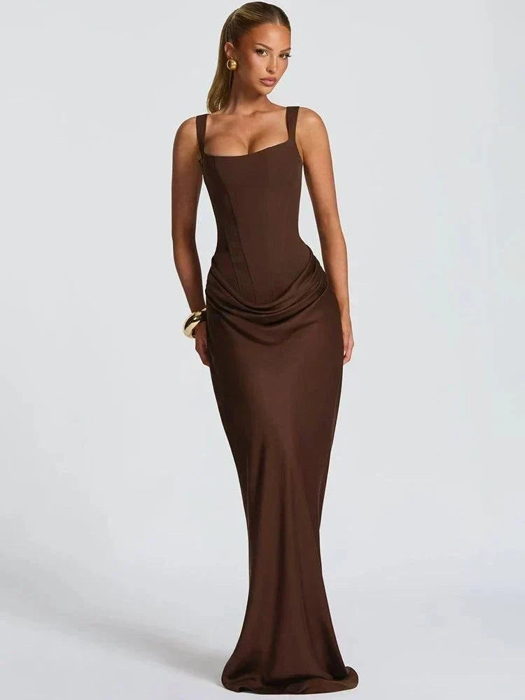 Vestido maxi elegante feminino, sem costas, decote quadrado, justo e sem mangas para festas