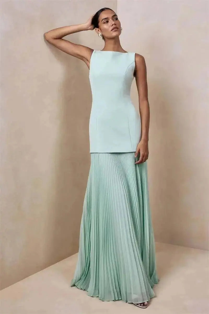 Vestido de Festa Longo Duas Peças Justo Plissado Decote Canoa Niquice