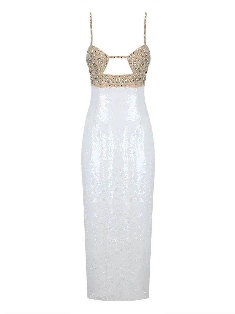 Vestido midi branco em lantejoulas com bustier de cristais e alças finas