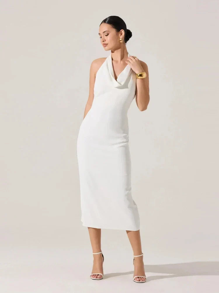 Vestido midi frente única com decote degagê e aplicação metálica dourada