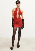Vestido Mini Scarlet Halter – Decote Profundo Gota com Rosas 3D