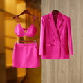Conjunto Alfaiataria Glam Fúcsia 3 Peças – Blazer Transpassado, Top e Minissaia