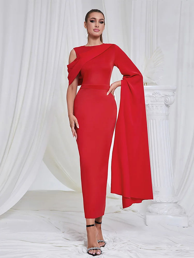 Vestido Midi Escultural Scarlet – Ombro Vazado com Manga Capa Fluida