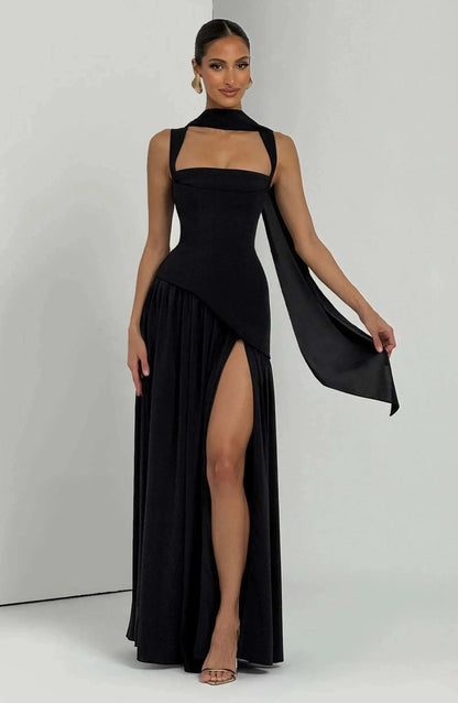 Vestido Longo de Festa com Corset Estruturado, Fenda e Alças em Laço Niquice