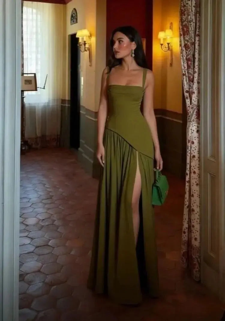 Vestido Longo de Festa com Corset Estruturado, Fenda e Alças em Laço Niquice