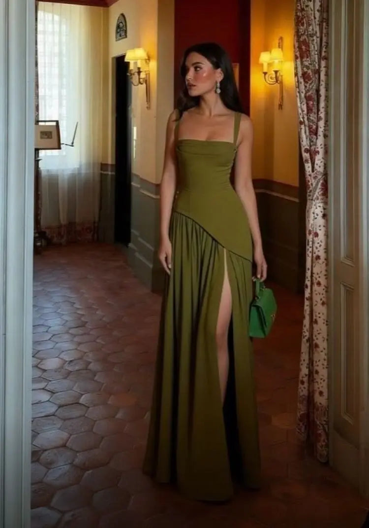 Vestido Longo de Festa com Corset Estruturado, Fenda e Alças em Laço