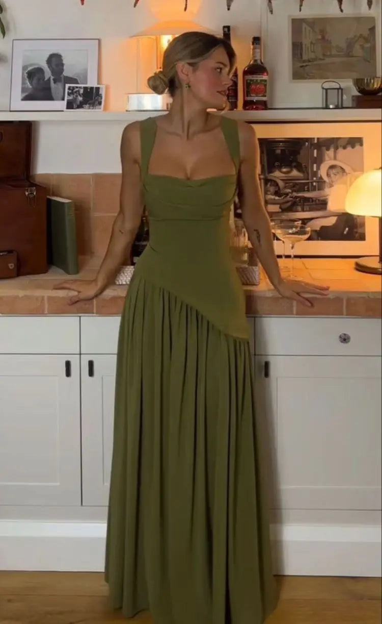 Vestido Longo de Festa com Corset Estruturado, Fenda e Alças em Laço