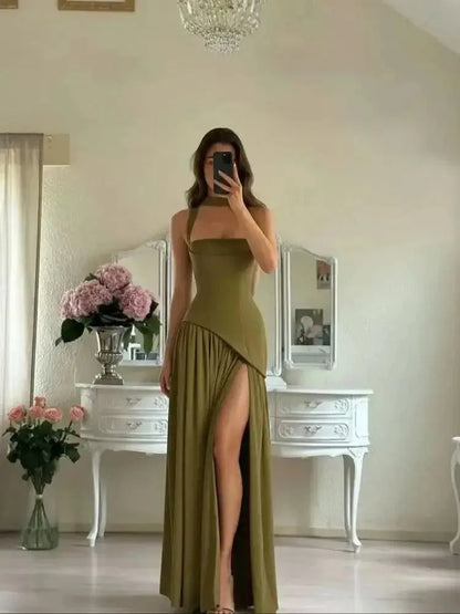 Vestido Longo de Festa com Corset Estruturado, Fenda e Alças em Laço Niquice