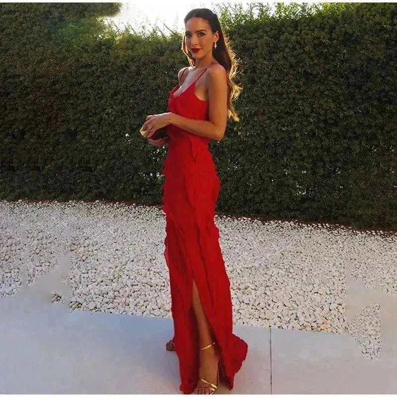 Vestido longo de alça em chiffon com babados, estilo summer fashion elegante e fresco para verão