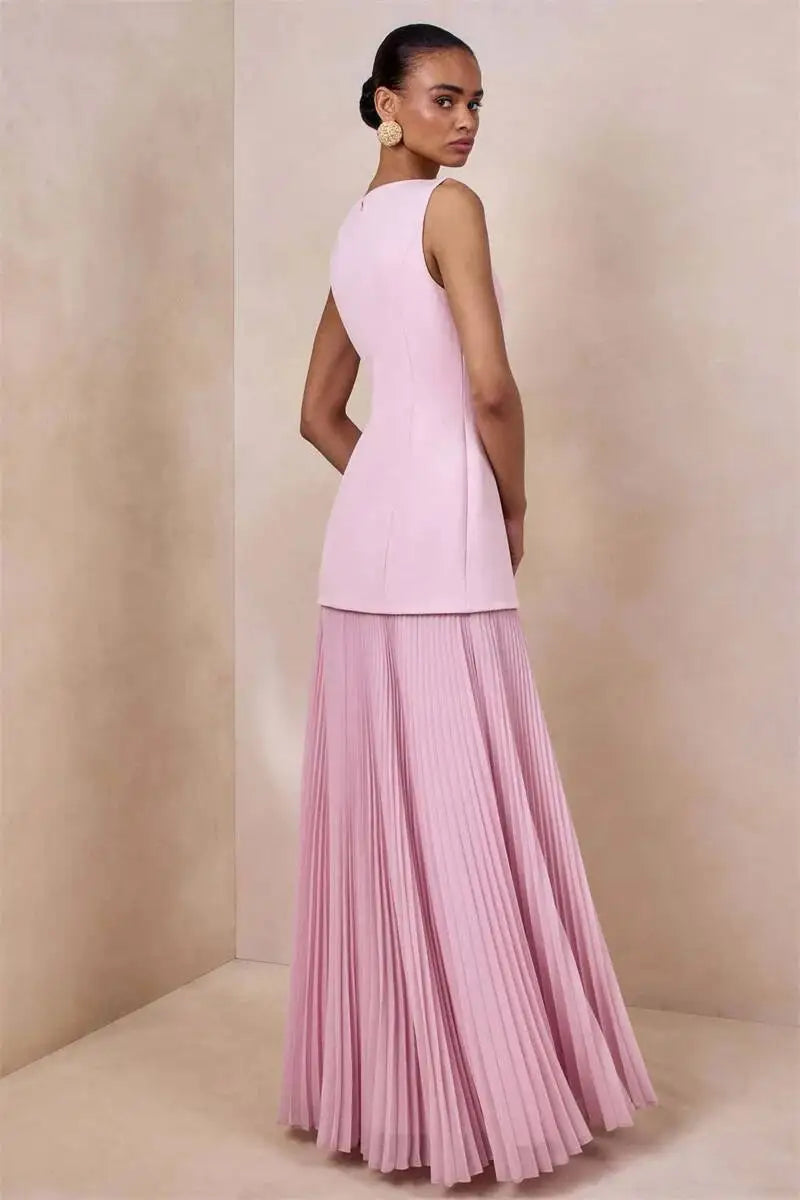 Vestido de Festa Longo Duas Peças Justo Plissado Decote Canoa