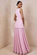Vestido de Festa Longo Duas Peças Justo Plissado Decote Canoa Niquice