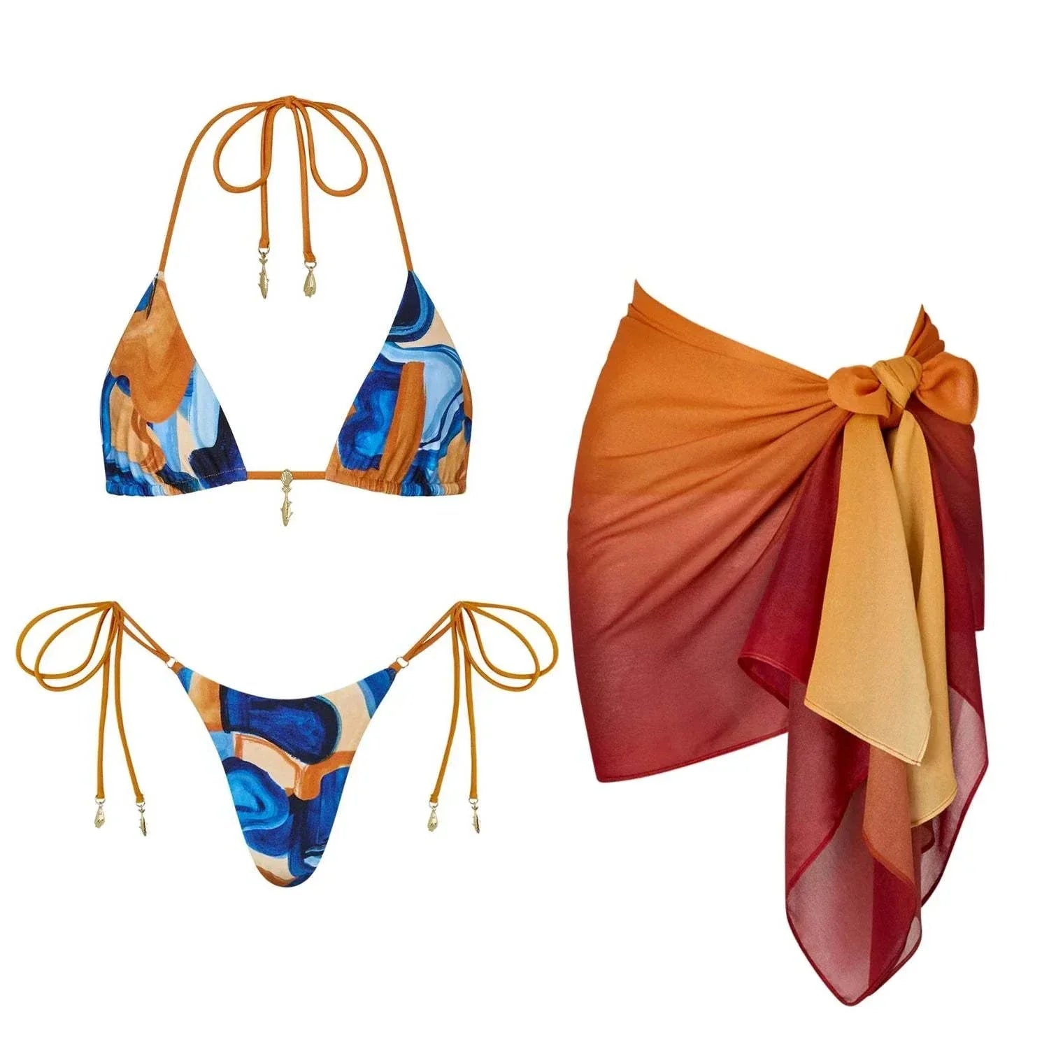 Biquíni 3 peças com saia saída de praia estampado feminino, conjunto sexy e moderno para verão 2026