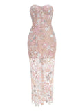 Vestido longo luxuoso sem alças com bordados florais e lantejoulas para festa e cocktail