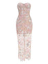 Vestido longo luxuoso sem alças com bordados florais e lantejoulas para festa e cocktail