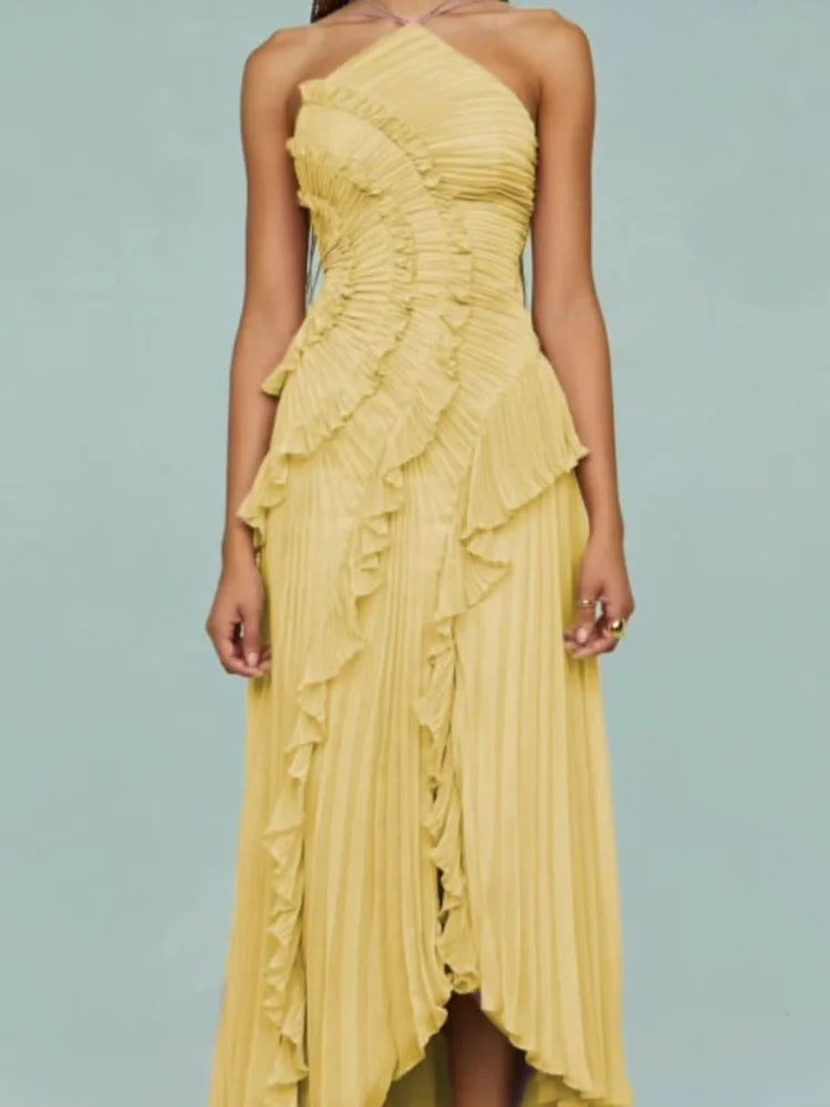 Vestido longo de férias roxo plissado sem alças com decote halter para senhora