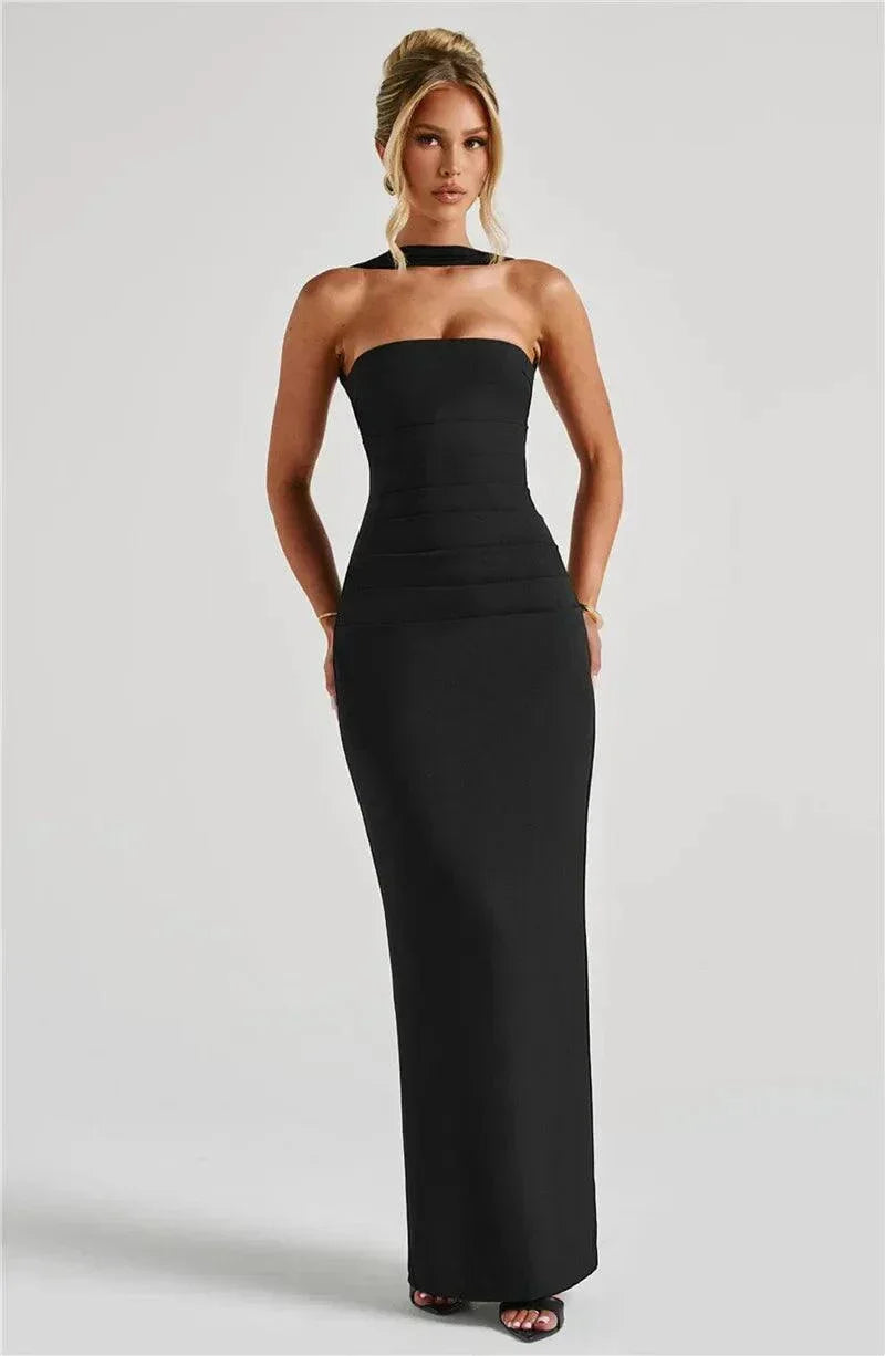 Vestido longo preto cai-cai ajustado com echarpe de chiffon elegante para eventos especiais