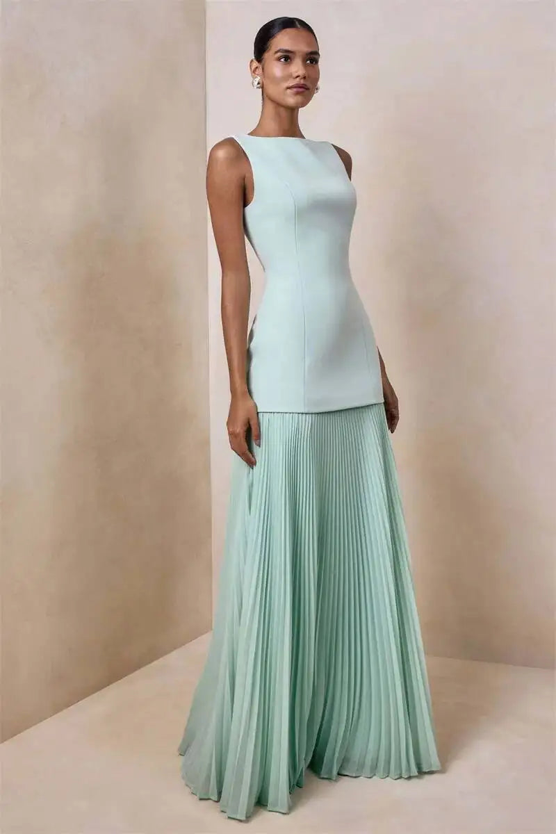 Vestido de Festa Longo Duas Peças Justo Plissado Decote Canoa