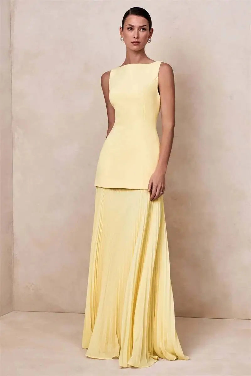 Vestido de Festa Longo Duas Peças Justo Plissado Decote Canoa