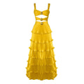Vestido longo acetinado sem mangas amarelo e azul com brilho subtil para verão elegante