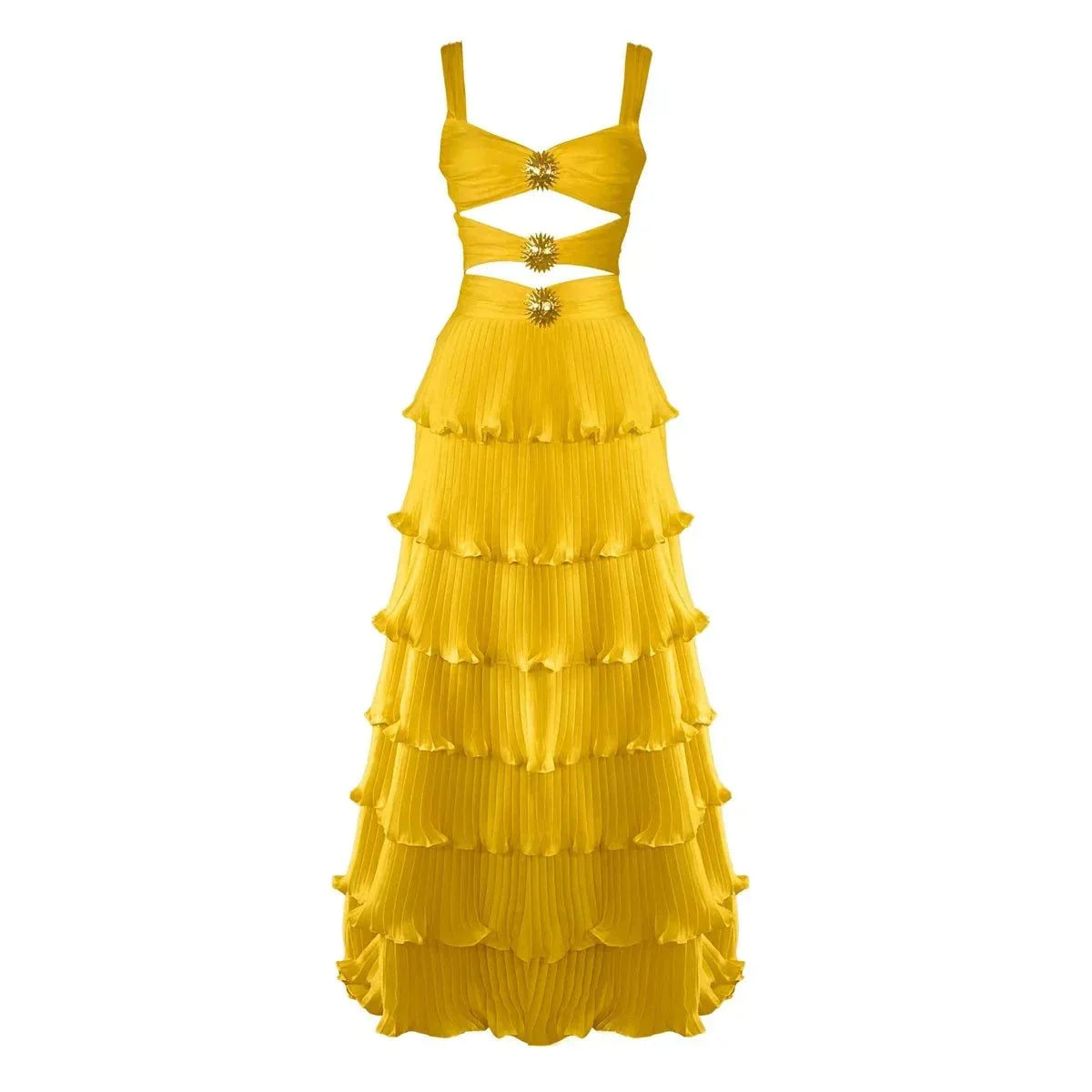 Vestido longo acetinado sem mangas amarelo e azul com brilho subtil para verão elegante