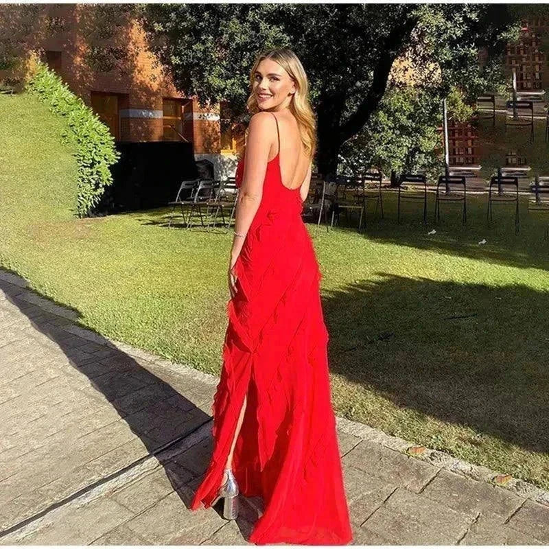 Vestido longo de alça em chiffon leve e elegante para moda verão com babados
