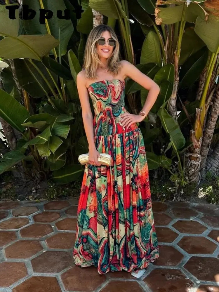 Vestido Longo Tomara que Caia Plissado com Estampa Colorida - Verão 2026