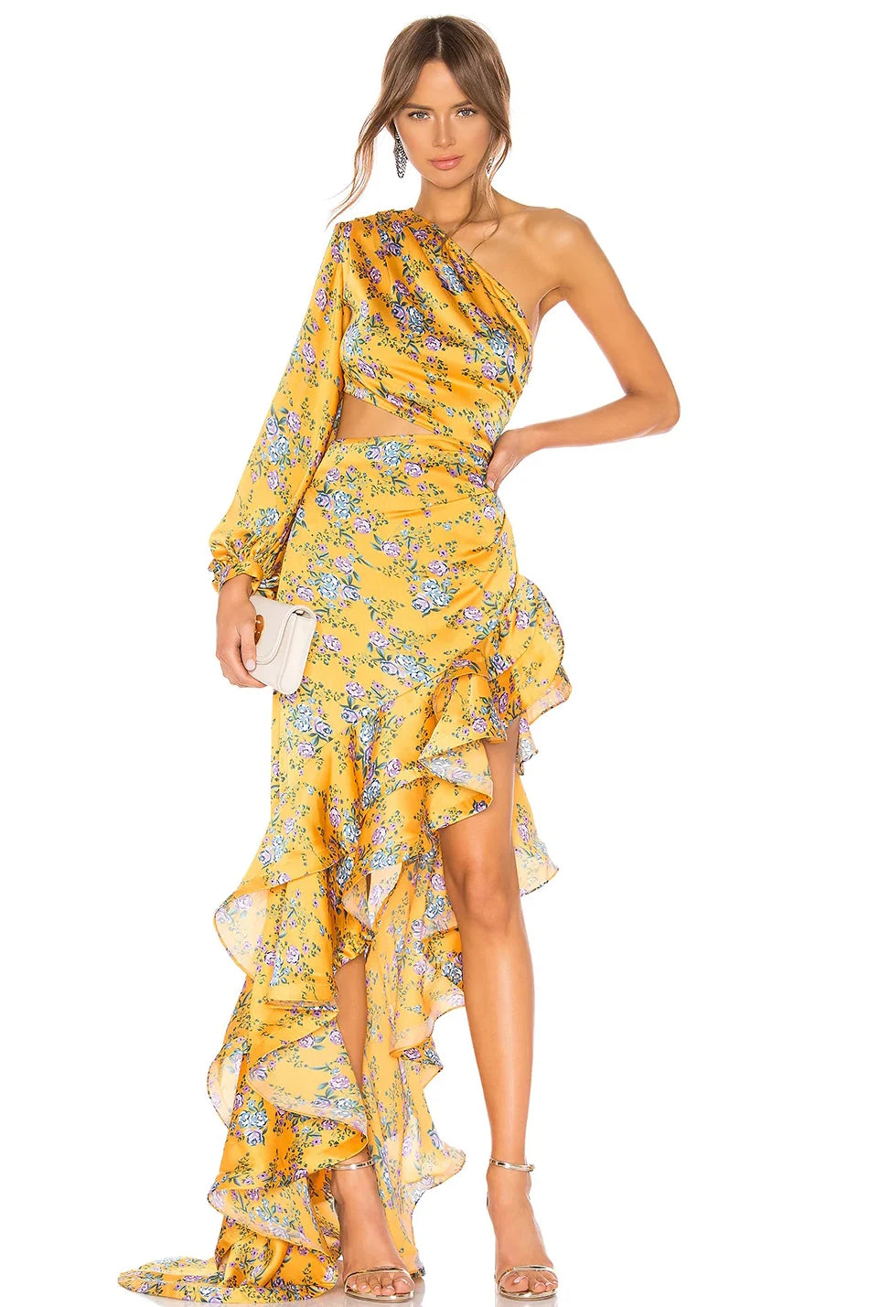 Vestido Longo Estampado de Um Ombro Só com Babados Elegante