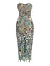 Vestido longo de festa sem alças com bordado floral e lantejoulas, elegante e justo, ideal para cocktail e ocasiões especiais.