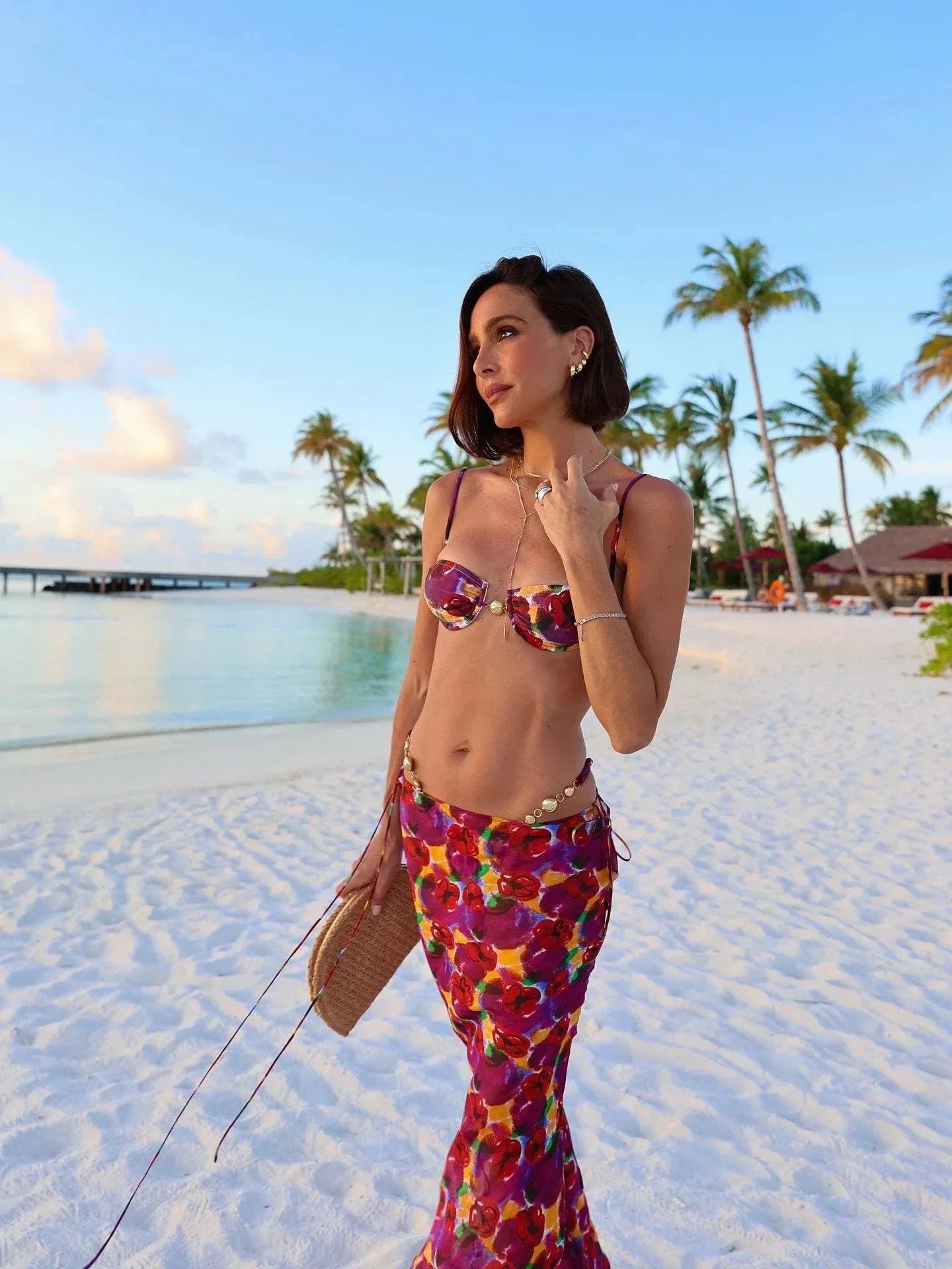 Conjunto de biquíni bandeau feminino de 3 peças, estilo halter e corte alto para praia e verão