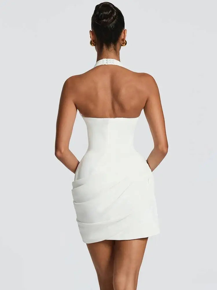 Vestido curto elegante Halter com decote profundo em V, sem mangas e franzido na cintura