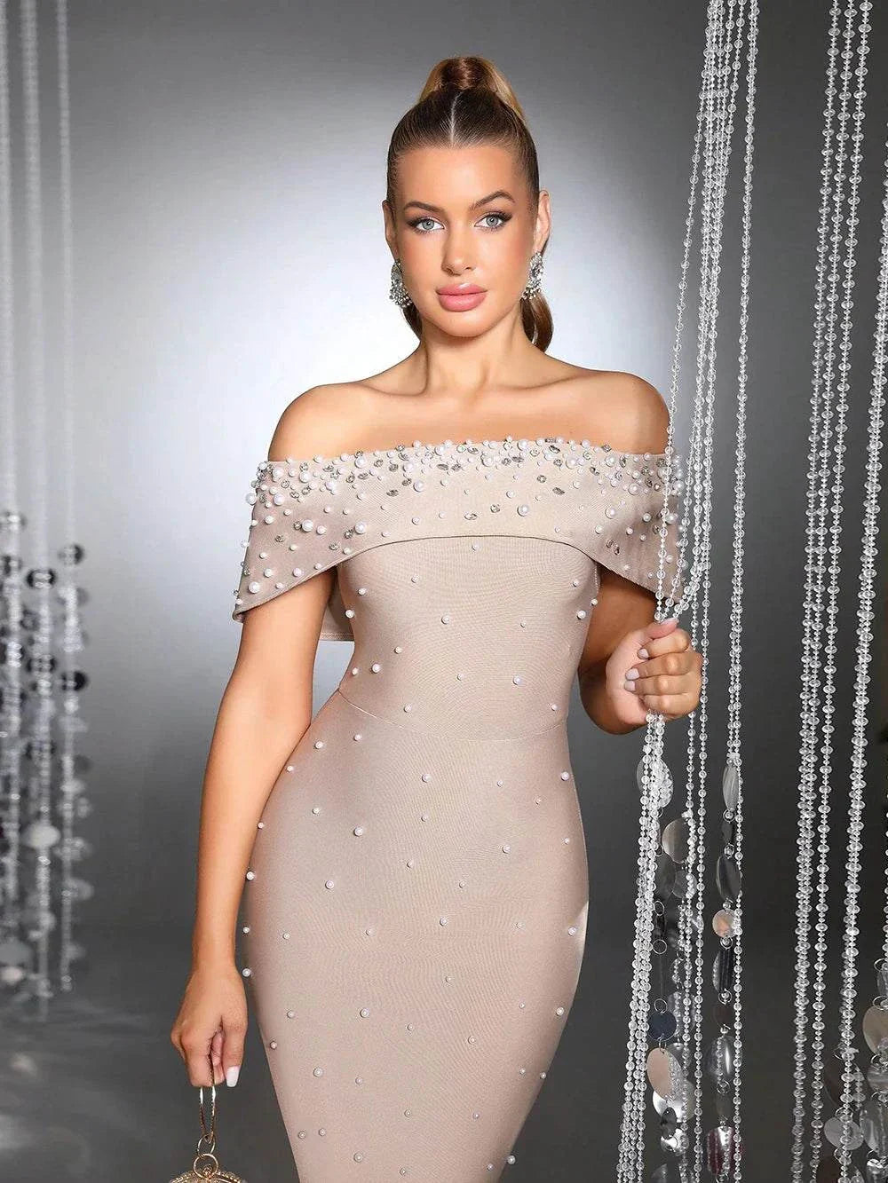 Vestido longo bandage feminino sexy com pérolas e ombros descobertos para festa nocturna e celebração