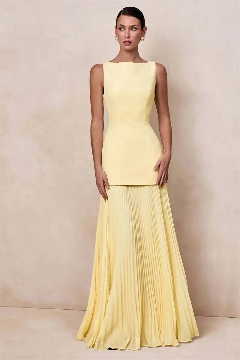 Vestido de Festa Longo Duas Peças Justo Plissado Decote Canoa