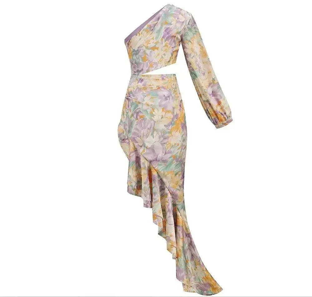 Vestido estampado de um ombro só com babados em tecido fluido elegante para eventos formais