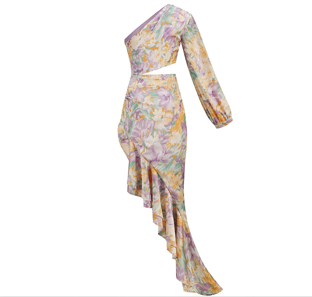Vestido Longo Estampado de Um Ombro Só com Babados Elegante