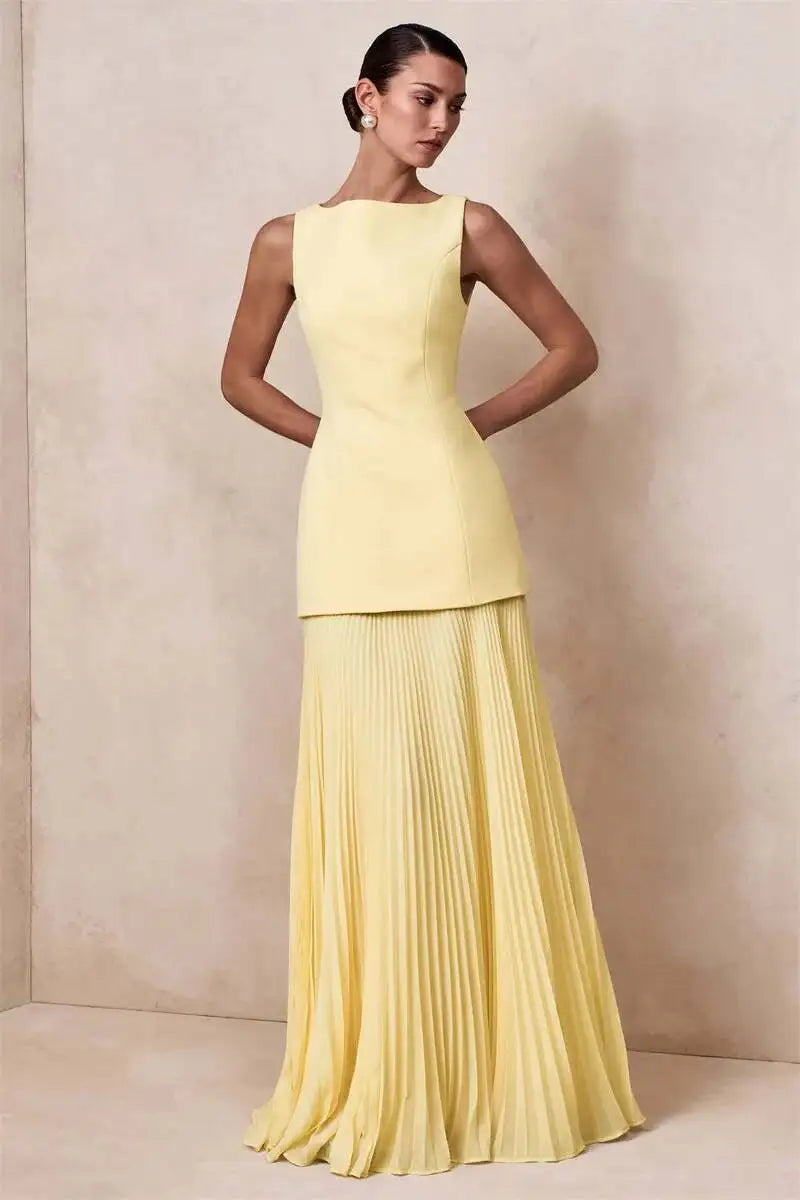 Vestido de Festa Longo Duas Peças Justo Plissado Decote Canoa