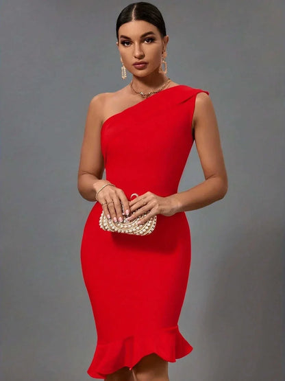 Vestido bandagem elegante de mulher, ombro único com folhos, comprimento ao joelho, para festa e cocktail verão