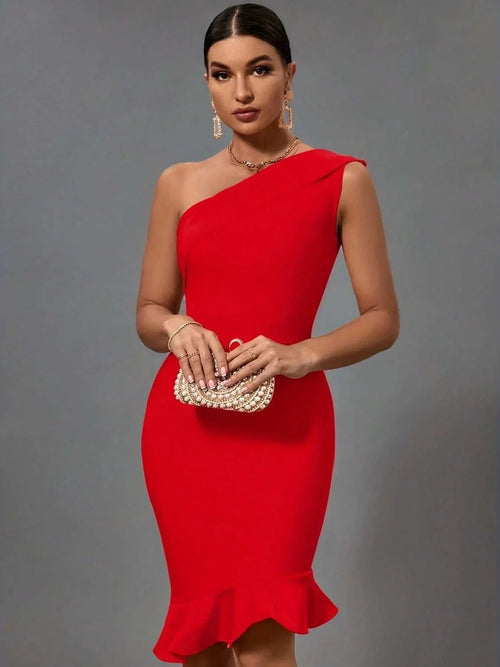 Vestido bandagem elegante de mulher, ombro único com folhos, comprimento ao joelho, para festa e cocktail verão