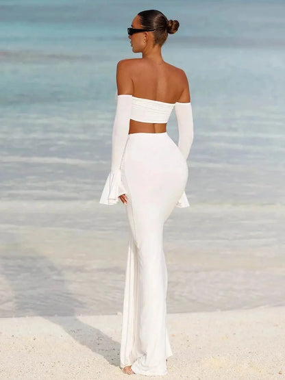 Conjunto Branco de Crop Top Manga Flare e Saia Longa Party Niquice